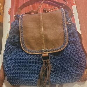 The Sak Avalon Blue and Brown Crochet Convertible Backpack Bag